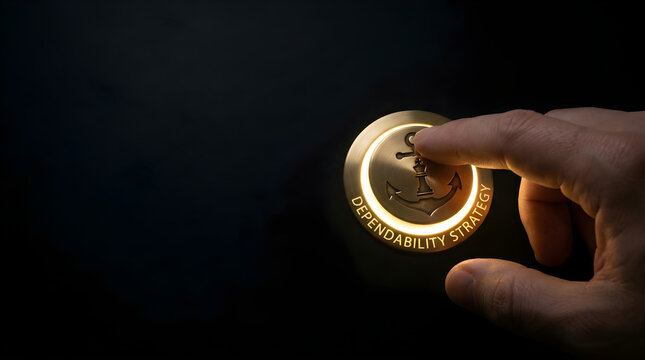 A hand presses a glowing circular button featuring an anchor icon and the word dependability strategy with against dark background