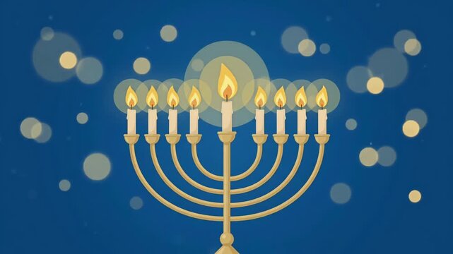 Happy Hanukkah menorah jewish festival of lights golden glowing candles blue bokeh particles background loop animation
