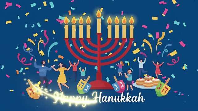 Happy Hanukkah jewish festival of lights family celebration menorah dreidel donut confetti loop animation
