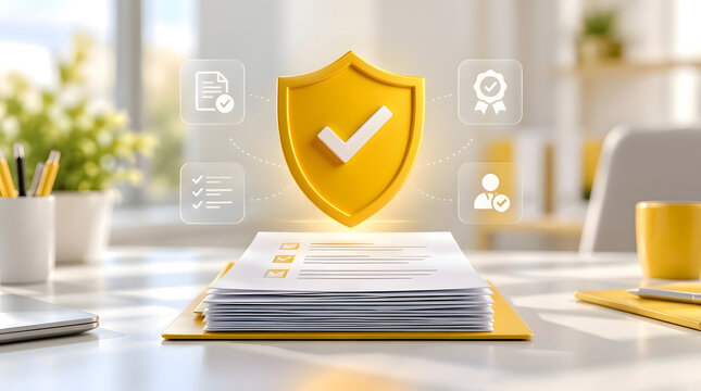 3D gold security shield with check mark icon floating over a stack of business documents on an office desk, representing data protection, legal compliance, privacy policy, and document safety.