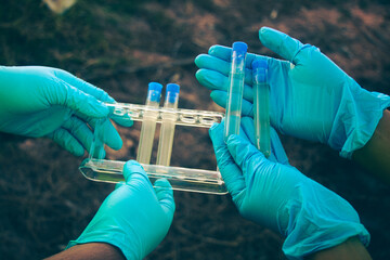 Environmental inspection team gathering water samples from polluted sources for laboratory testing.