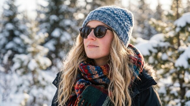 A beautiful young woman enjoys a peaceful winter day bundled in warm clothing amidst a snowy forest landscape radiating joy