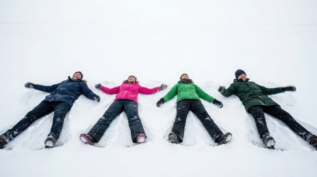 A joyful group of four individuals create a delightful snow angel formation on a pristine snow covered winter landscape radiating