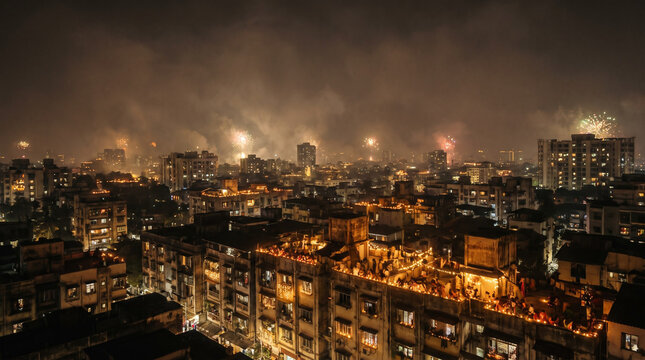 Urban Diwali Celebration with Illuminated Homes and Fireworks