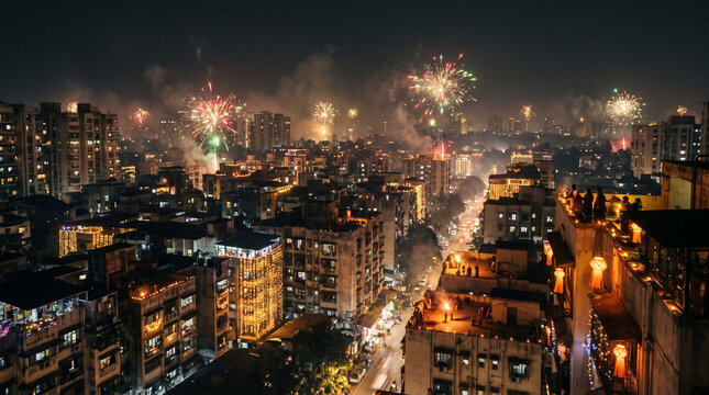 Indian City Skyline Illuminated During Diwali Night