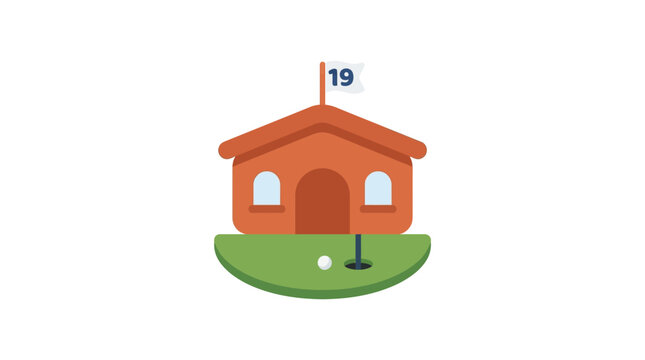 A stylized golf course clubhouse with a number nineteen flag stands on a green lawn golfer sport leisure