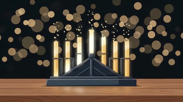 Happy Hanukkah jewish festival of lights glowing menorah candles wooden table golden bokeh particles loop animation
