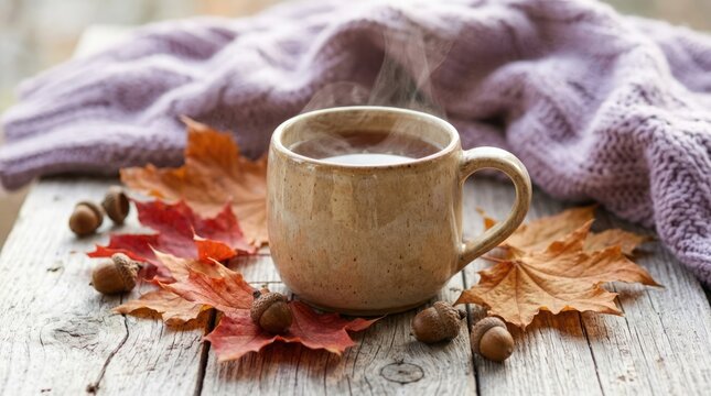 A cozy autumn scene featuring a warm beverage colorful fallen leaves and a soft comforting knitted blanket evoking feelings of