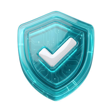 Shield icon with check mark symbol and electronic circuit pattern rendered in glossy cyan glass on transparent background