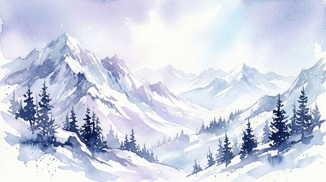 A breathtaking winter landscape featuring snow covered mountains majestic pine trees and a serene cloud filled sky evoking a sense