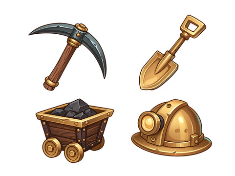 Collection of classic mining equipment in flat cartoon style