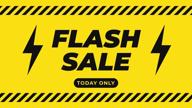 Flash Sale banner with lightning bolts hazard stripes and bold black text on bright yellow for limited time retail promos