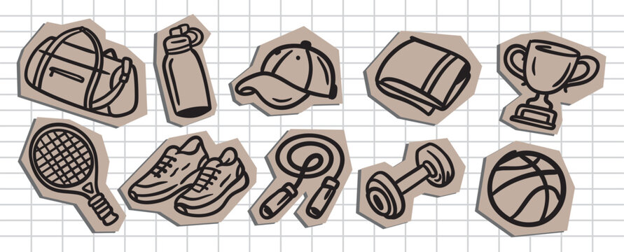 Hand drawn fitness and gym element in scrapbook paper style, isolated on white background