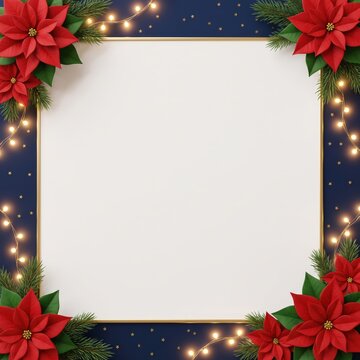 Square white blank frame surrounded by red poinsettia flowers and glowing fairy lights on blue with blank template framed branches warm glowing