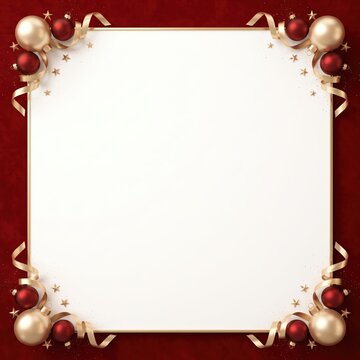 Square white blank frame decorated with gold and red christmas ornaments on dark red background with small star decorations each corner textured background adorned