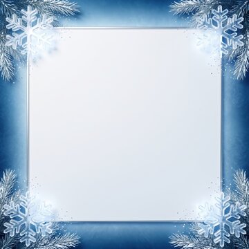 Square white paper frame decorated with glass snowflakes and pine branches on blue background with background surrounded translucent paper template centered