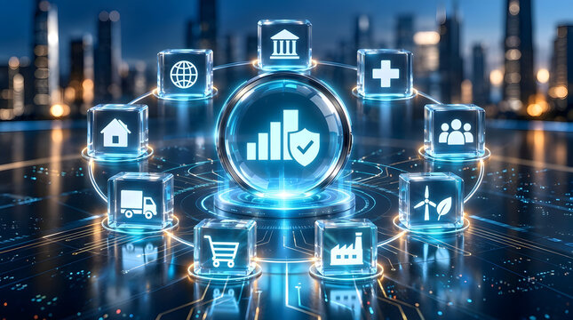 Global business network node showing financial data growth, security protection, and interconnected industry icons for logistics, banking, healthcare, retail, and green energy against city backdrop.