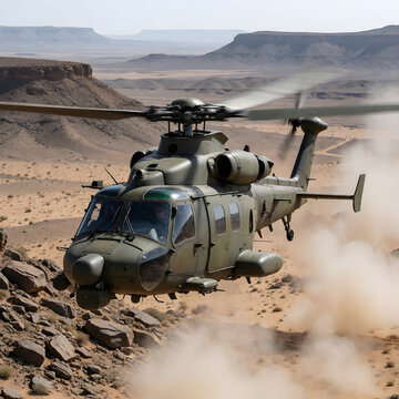 A military helicopter flying low over a vast rocky desert