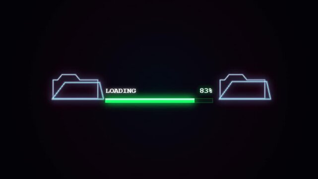 Neon digital loading bar with file folder icons progress animation