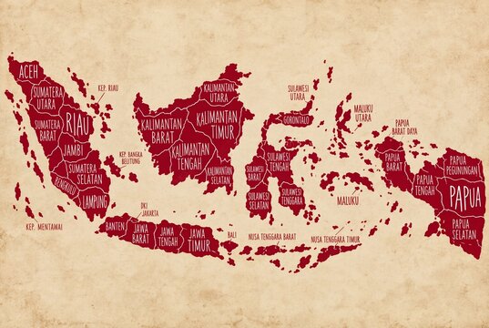 Red Map of Indonesia with Province Names on Vintage Parchment Background