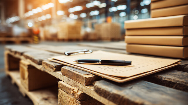 A clipboard with documents and a pen beside stacked cardboard boxes in a warehouse representing inventory control and logistics management.