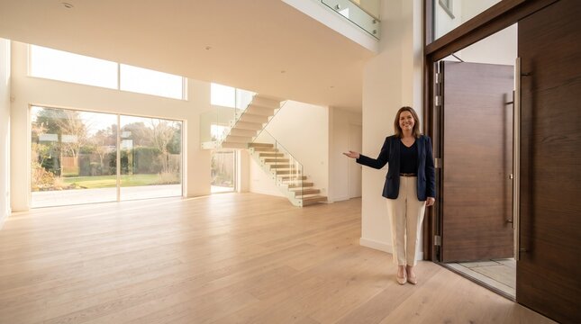 A smiling female real estate agent standing in the open entrance of a modern luxury house with hardwood floors, large windows, and a floating glass staircase welcoming clients