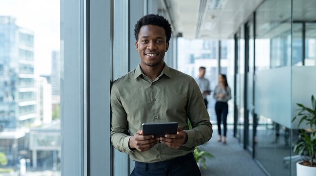 Confident young African American businessman holding a digital tablet while standing in a modern corporate office hallway by a large window with colleagues walking in the blurred background