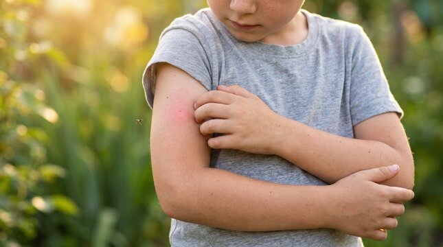 Close-up of a child scratching a red mosquito bite on their arm outdoors, with a flying insect nearby in a natural garden setting, highlighting health, summer pests, and skin irritation