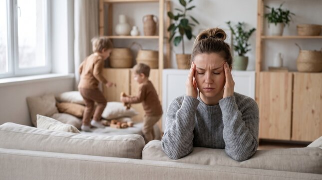 Exhausted young mother holding her head experiencing a severe headache or stress while her noisy children play and make a mess in the living room background during the day