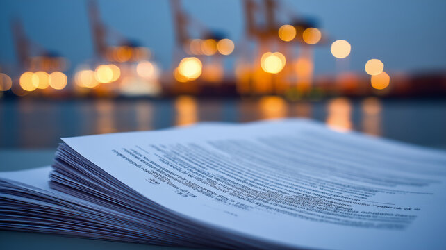 A stack of printed documents in front of an industrial facility represents technical documentation and industrial compliance management.