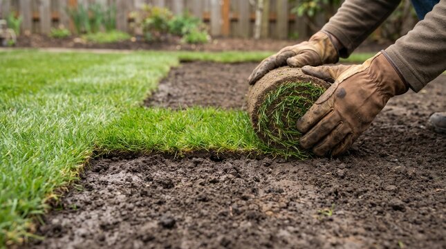 Gardener laying turf grass roll in backyard garden. Worker in gloves installing green sod turf lawn on bare soil earth ground during landscaping project