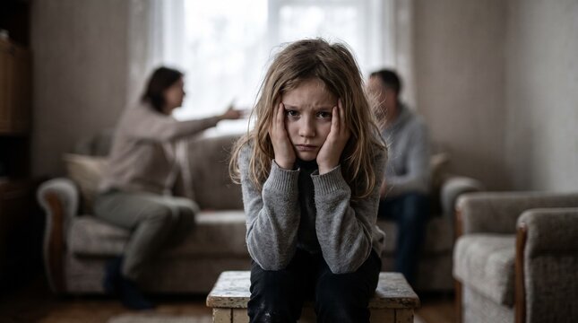Sad little girl covering her ears while her parents are arguing and fighting in the background inside a living room, family conflict and domestic abuse concept