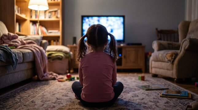 Little girl with pigtails sitting on the living room floor watching television in the evening, cozy home interior with couch, bookshelf and warm lamp light, rear view