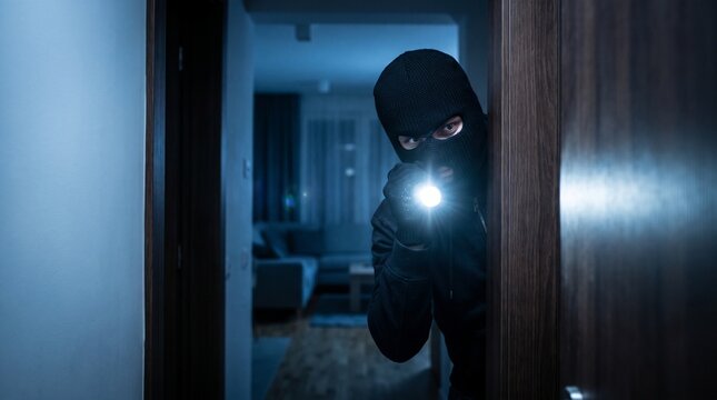 Burglar wearing a balaclava holding a flashlight breaks into a residential home at night, searching rooms in the dark, security threat, crime concept