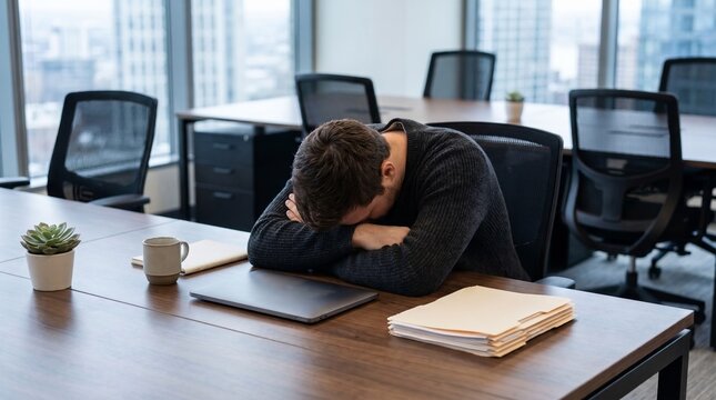 Exhausted male employee sleeping with head down on wooden office desk next to laptop coffee cup and paperwork in modern corporate boardroom with large windows