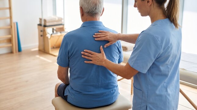 Physical therapist examining senior male patient back and spine in bright clinic interior during rehabilitation session with professional care