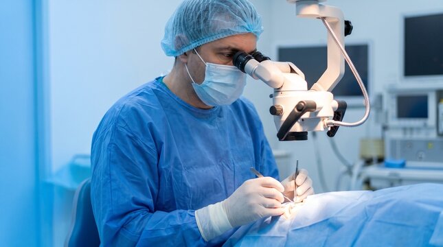 Male surgeon performing delicate eye surgery using a specialized surgical microscope in a modern hospital operating room with advanced medical equipment
