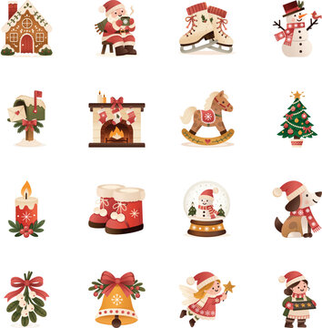Christmas flat icons featuring gingerbread houses, Santa with cocoa, skates, snowmen, mailboxes, candles, bells, mistletoe, fairies, baking details.
