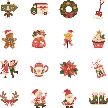 Christmas flat icons featuring signposts, gift vans, wreaths, snow shovels, gingerbread, Santa sacks, star wands, cupcakes, teapots, flowers, elf boots.