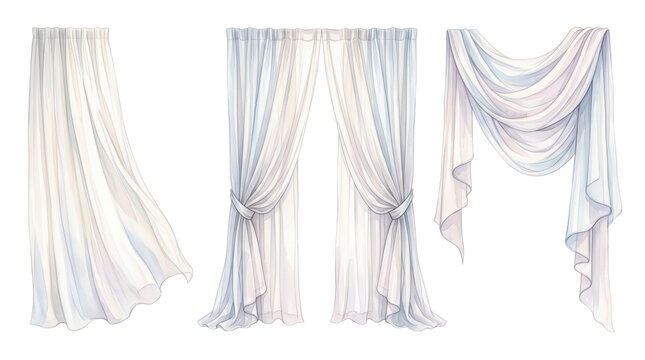 Set of white sheer curtains with soft drapes and pleats in various configurations for interior window decoration isolated on a transparent background