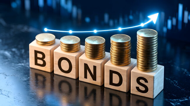 Financial investment concept featuring wooden cubes spelling BONDS with stacks of rising gold coins and an upward growth arrow against a professional stock market candlestick chart background.