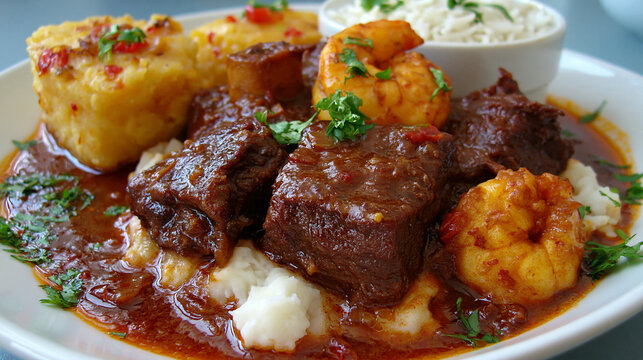Plate of braised beef chunks with shrimp and grits in white bowl meat dish creamy