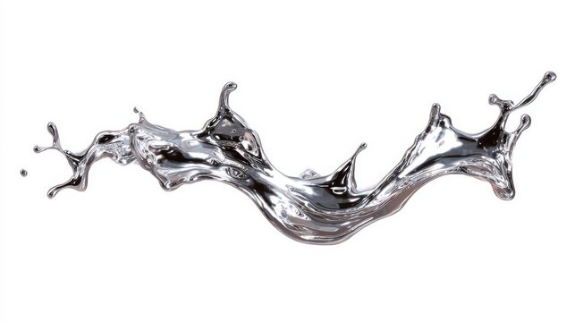 Abstract fluid liquid splash made of liquid mercury or chrome, frozen in time, reflective surface, isolated on a seamless white background, 8k resolution for commercial editing