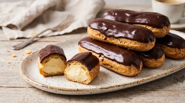 Chocolate Glazed Eclairs on Ceramic Plate with Creamy Vanilla Filling
