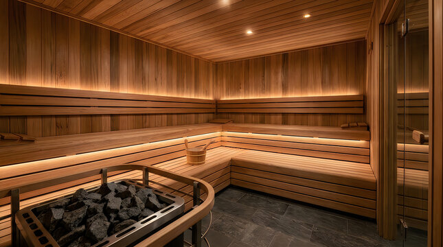 Modern luxury wooden sauna interior with stone heater, wooden benches, and ambient lighting in a minimalist spa setting for relaxation and wellness