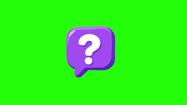Question mark animated faq chat and customer support concept with 3d purple speech bubble swaying gently in 4k green screen background.