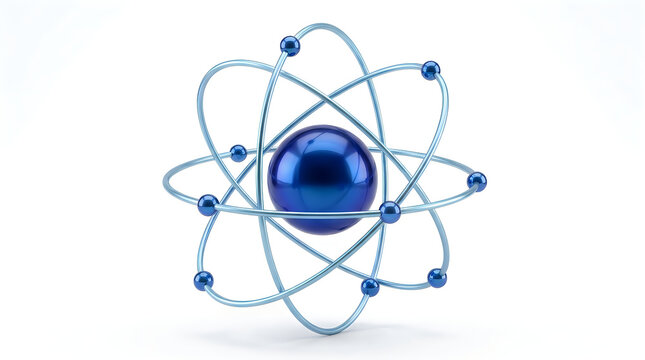3d illustration of a blue atom model with orbiting electrons around a central nucleus, representing science, physics, and chemistry, isolated on white background