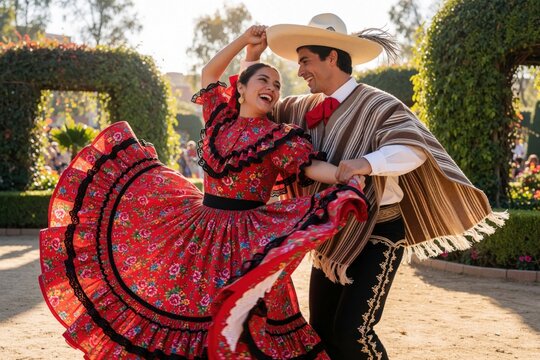Smiling young couple performs traditional Chilean cueca dance outdoors. Man wears huaso costume with hat, poncho. Woman spins in red floral dress. Lovers celebrate culture, heritage during festive