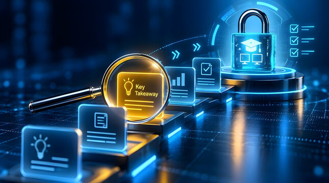 Key Takeaway and Information Security Concept Featuring a Magnifying Glass Highlighting Important Insights with a Digital Padlock and Academic Icons on a Futuristic Blue Interface