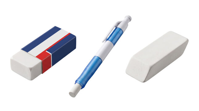 Blue and white retractable ballpoint pen flanked by two rectangular erasers on a white surface isolated on a transparent background